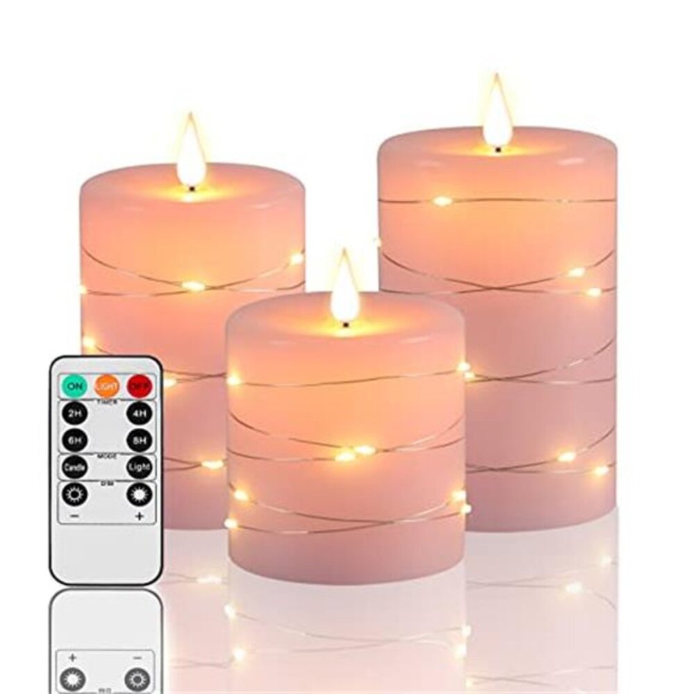 Pink Flameless Candles with String Lights Battery Operated Flickering LED Pillar